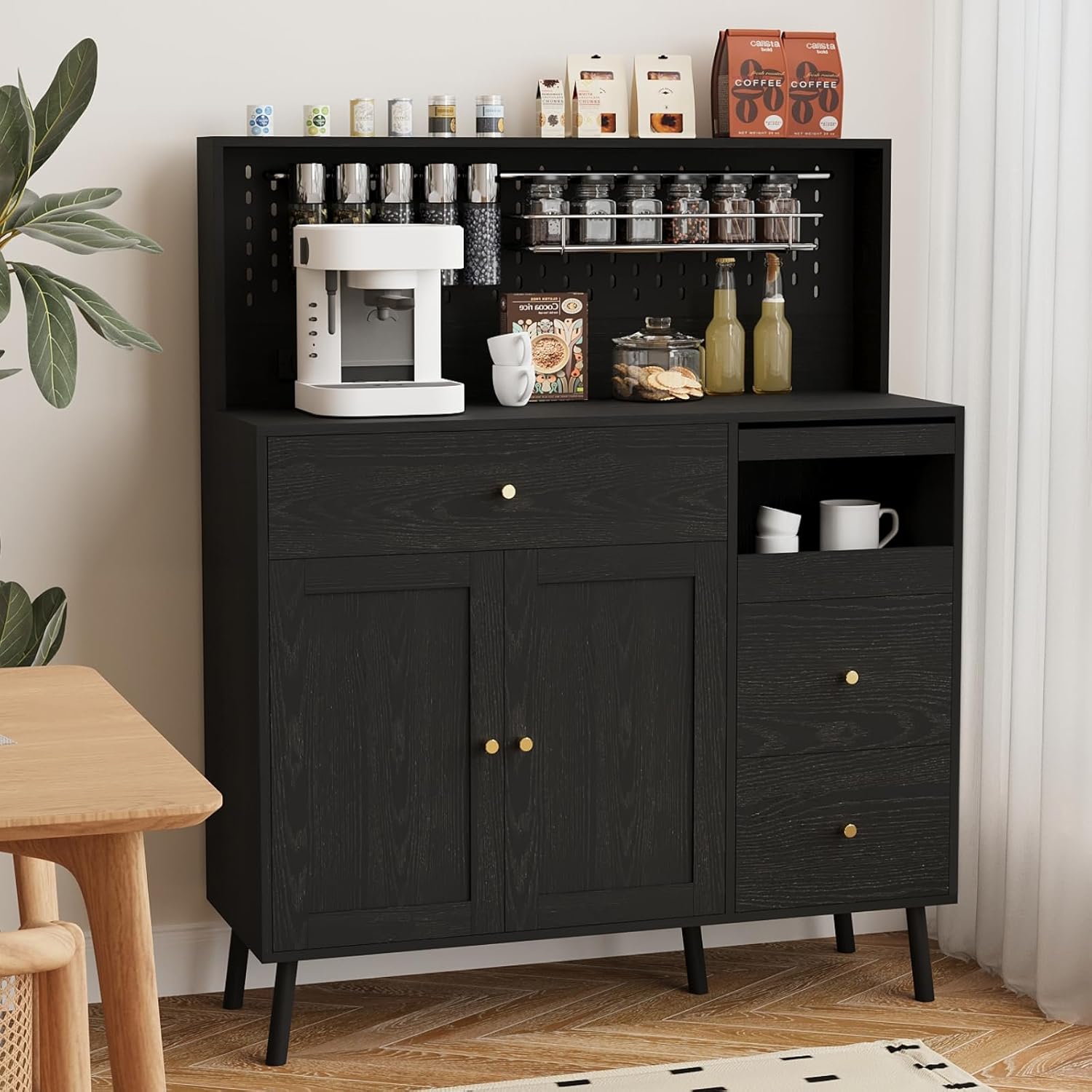 ARTETHYS Buffet Cabinet with Storage and Charging Station Black Sideboard Table with Perforated Board Large and Tall Modern Cabinet with Drawers for Dining Room 42.5 x 10.6 x 52 Inches