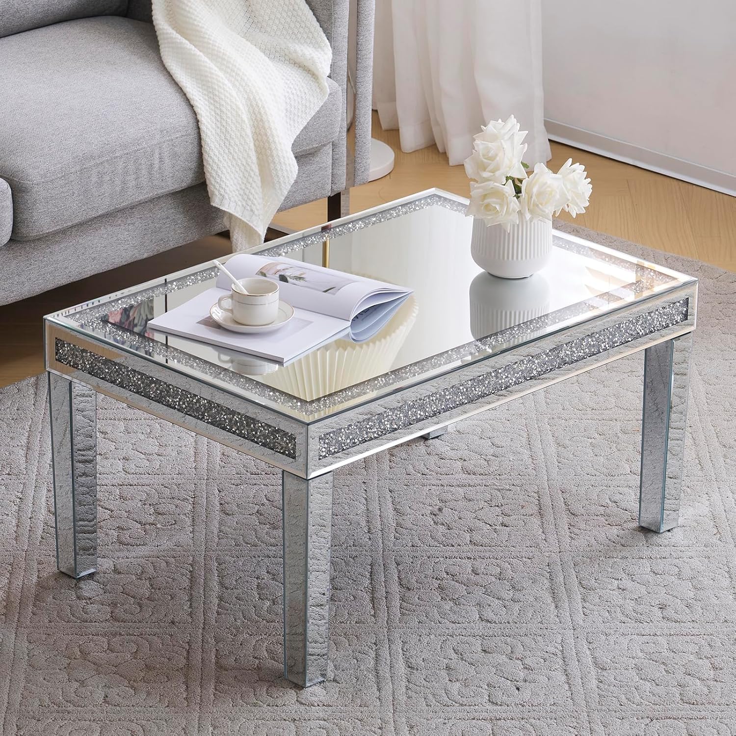 SSLine Modern Mirrored Coffee Table Luxury Living Room Cocktail Center Table with Silver Mirror Finish Rectangular Small Coffee Table with Crystal Inlay and Edge - Partially Assembled