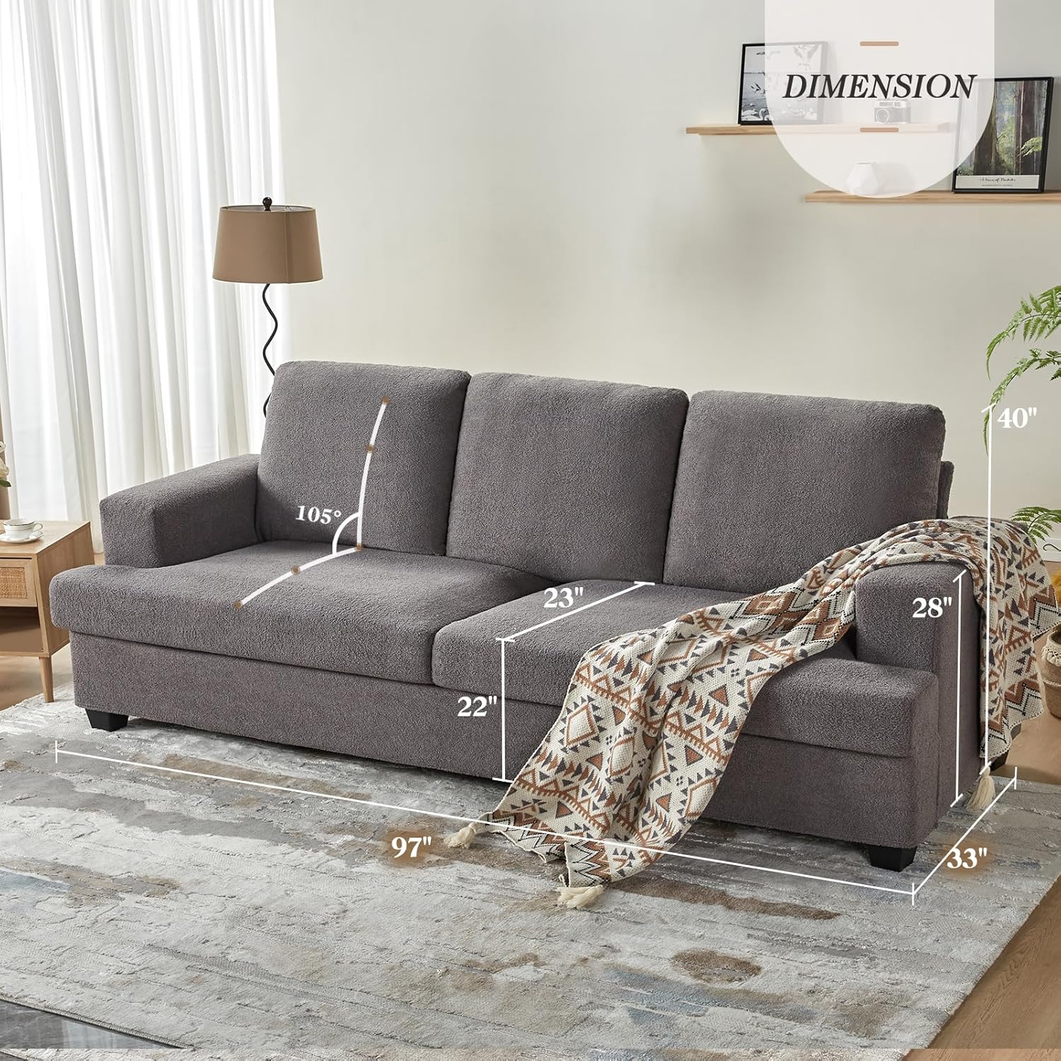 AMERLIFE 97 Inch Sofa, Oversized Sofa-Modern Sofa Couch in Bouclé, 3 Seater Couch for Living Room- Comfy Sofa, Grey Deep Seat Sofa