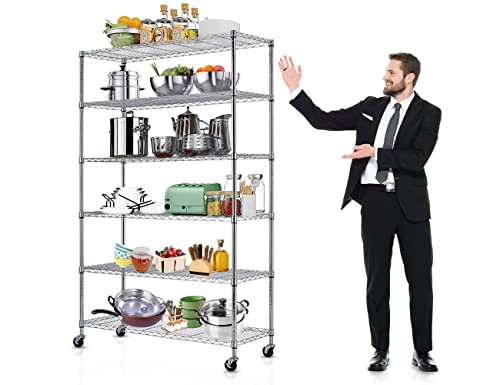 6-Tier Storage Racks, 2100Lbs Capacity Heavy Duty Metal Shelf with Wheels, NSF Certified Commercial Grade Adjustable Large Wire Shelving Unit for Closet Kitchen Garage Basement 48