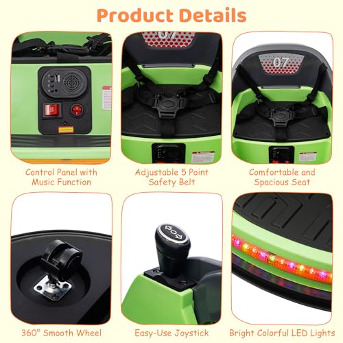 Electric Ride on Toddler Bumper Car, 12V Kids Bumper Car with Remote Control, LED Lights & 360 Degree Spin, Indoor and Outdoor Kids Toy for 18+ Months Kids