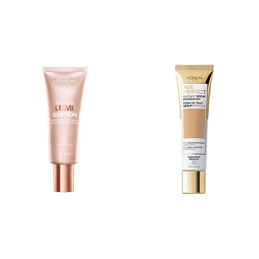 L'Oreal Paris Makeup True Match Lumi Glotion, Natural Glow Enhancer & L'Oreal Paris Age Perfect Radiant Serum Foundation with SPF 50, Nude Beige, 1 Ounce