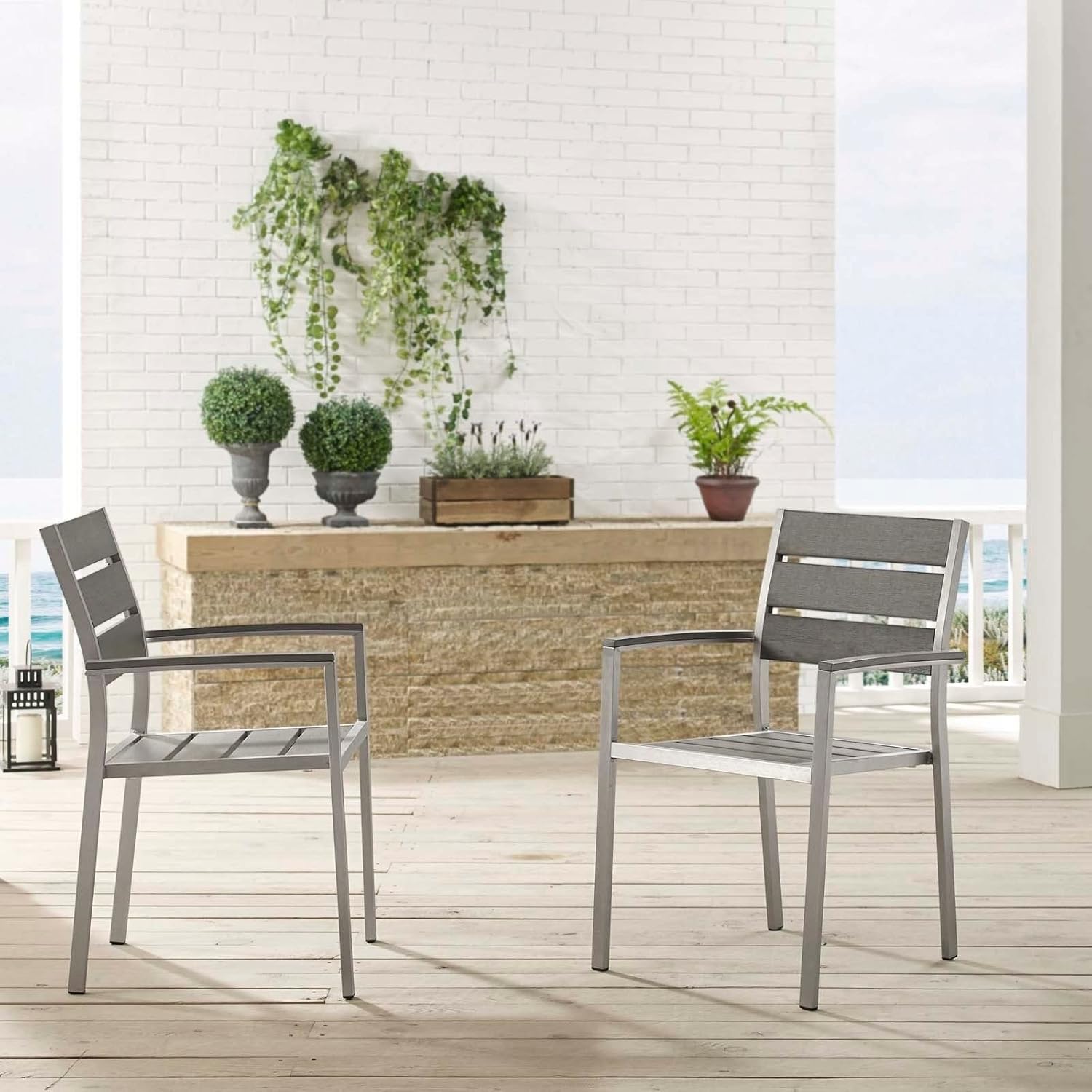 Shore Outdoor Patio Dining Armchair Set of 2 Grey Silver Mid-Century Modern Contemporary Brushed Weather Resistant