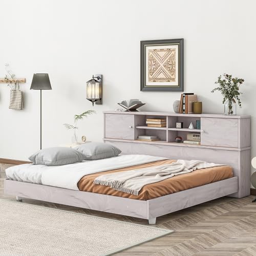Bellemave Full Size Daybed with Bookcase Headboard, Wood Low Bed Frame with Storage, Wooden Floor Sofa Bed with Slats Supports for Living Room Bedroom, Wood Light Oak