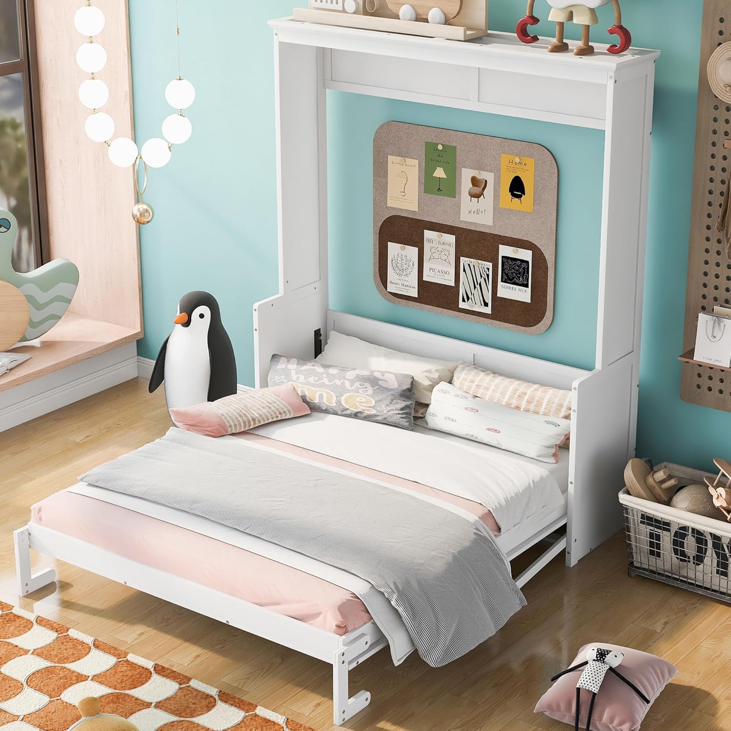 Queen Size Shelf, Wood Multifunctional Murphy Wall Bed Frame for Bedroom Living Room Furniture, Space-Saving, White