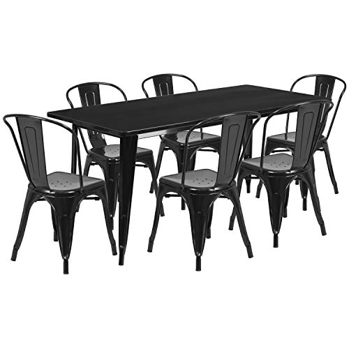 EMMA + OLIVER Commercial Rectangular Silver Metal Indoor-Outdoor Table Set-6 Stack Chairs