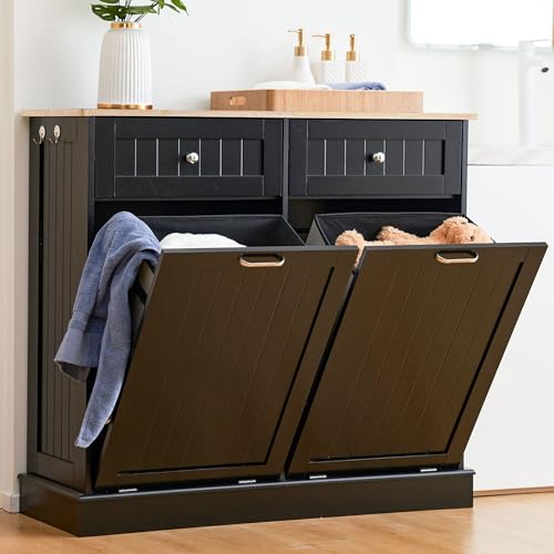 AHB 13 Gallons Tilt Out Trash Cabinet Kitchen Trash Bin Cabinet Free Standing Recycling Trash Can Cabinet with Hideaway Drawers Pet Proof Trash Can Holder for Kitchen Living Room, White