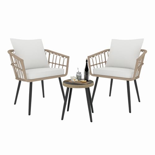 3-Piece Patio Bistro Set, PE Wicker Balcony Conversation Sets,Outdoor Furniture Chairs w Round Tempered Glass Table & 2 Thick White Cushions Ideal for Porch Backyard Lawn Poolside (Beige)