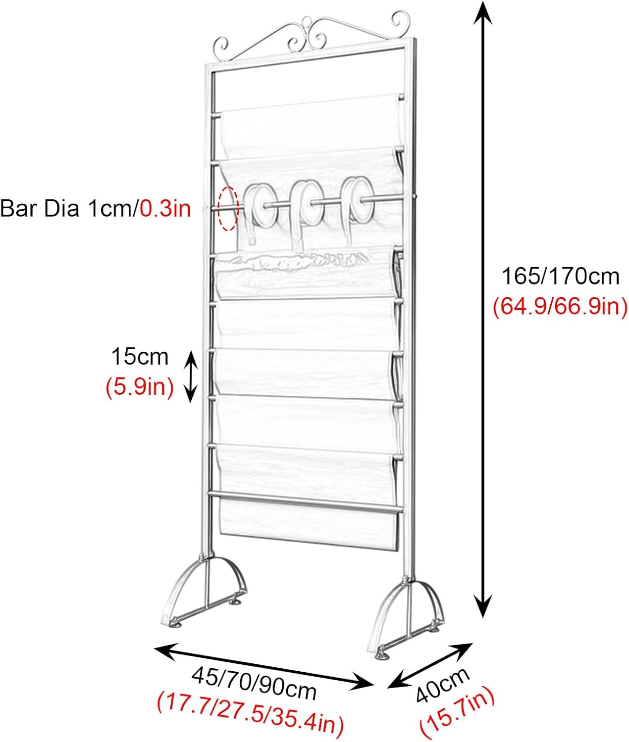Crafts Ribbon Holder Organizer Rack Multifunctional Vertical Stand Holder for Wrapping Paper/Ribbon, Metal 9 Tier Scarf Storage Organizers Rack Commercial with Anti-Slip Foot Pad
