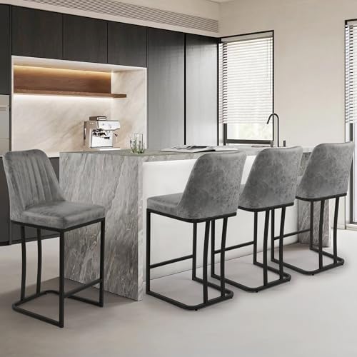 LSSPAID Bar Stools Set of 4, Upholstered Fabric Counter Height Bar Stool, 24.8 inch Kitchen Island Bar Chairs, Black Metal Leg Barstools, Brown