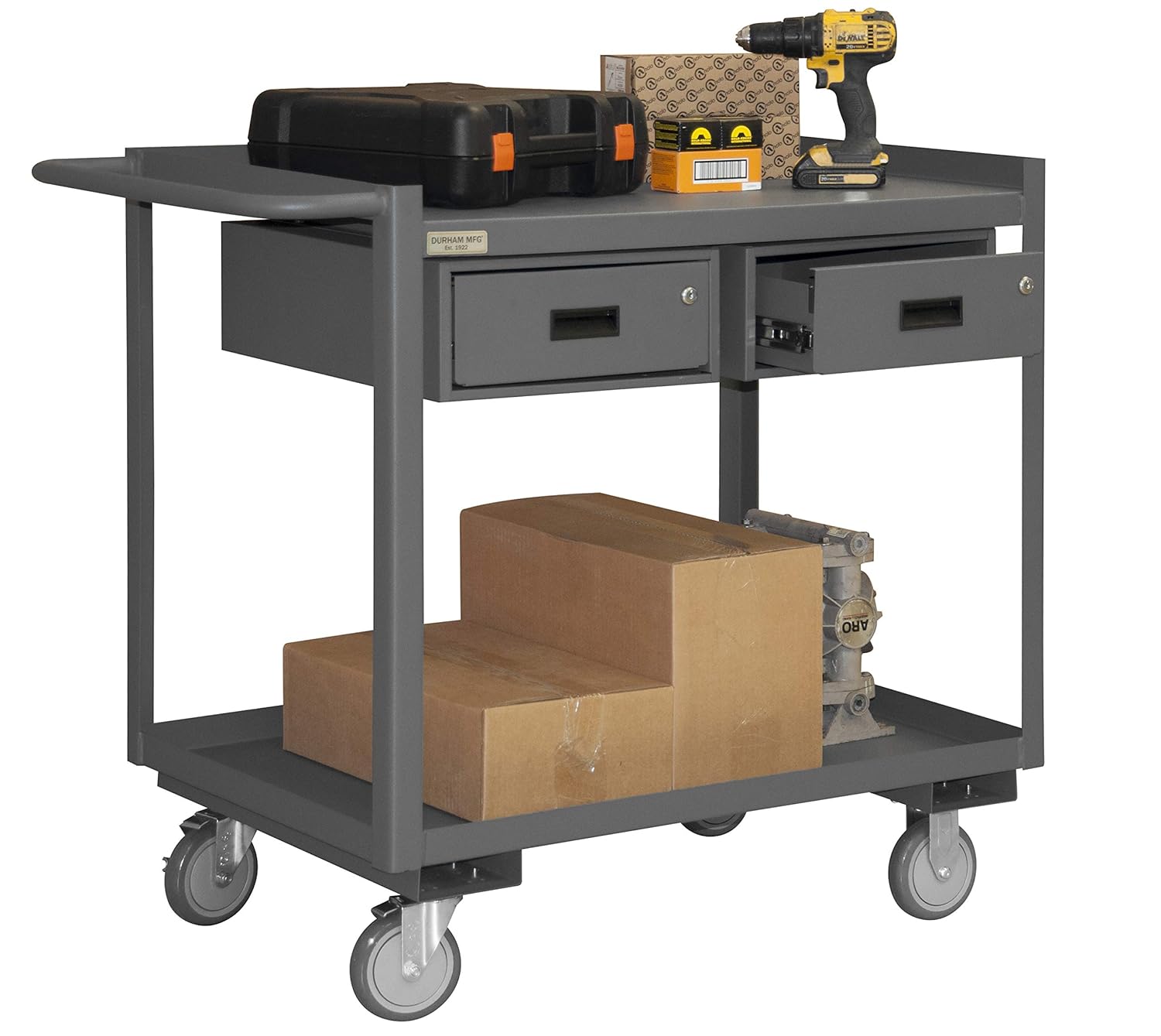Durham RSC-2436-2-2DR-95 14 Gauge Steel Service Cart with 2 Drawers, 2 Shelves, Gray, 1200 lbs Load Capacity