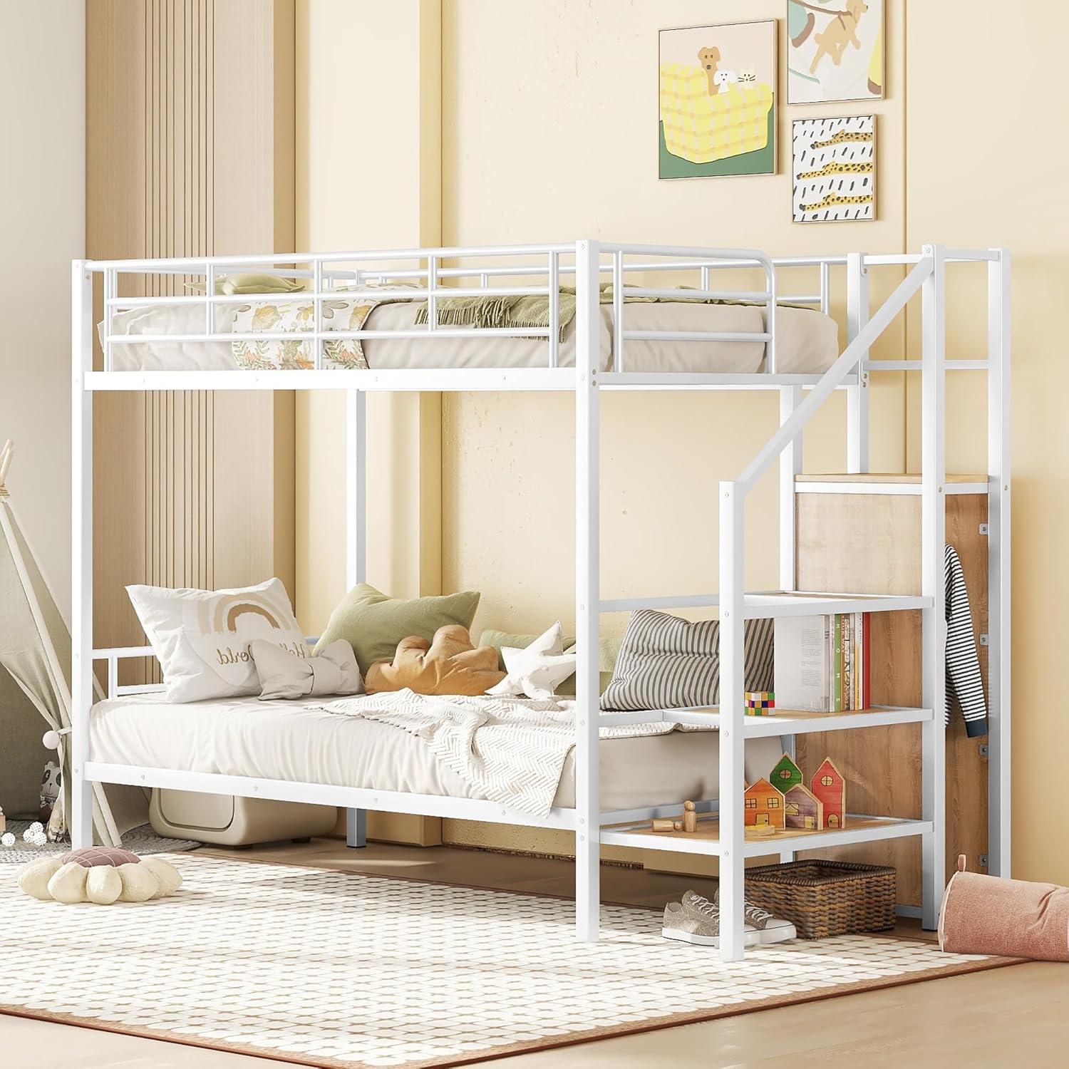 Bellemave Twin Over Twin Bunk Bed with Stairs and Wardrobe, Metal Bunk Bed Frame with Storage Shelves for Kids, Industrial Style Bunked Frame with Steps for Boys Girls Teens, White