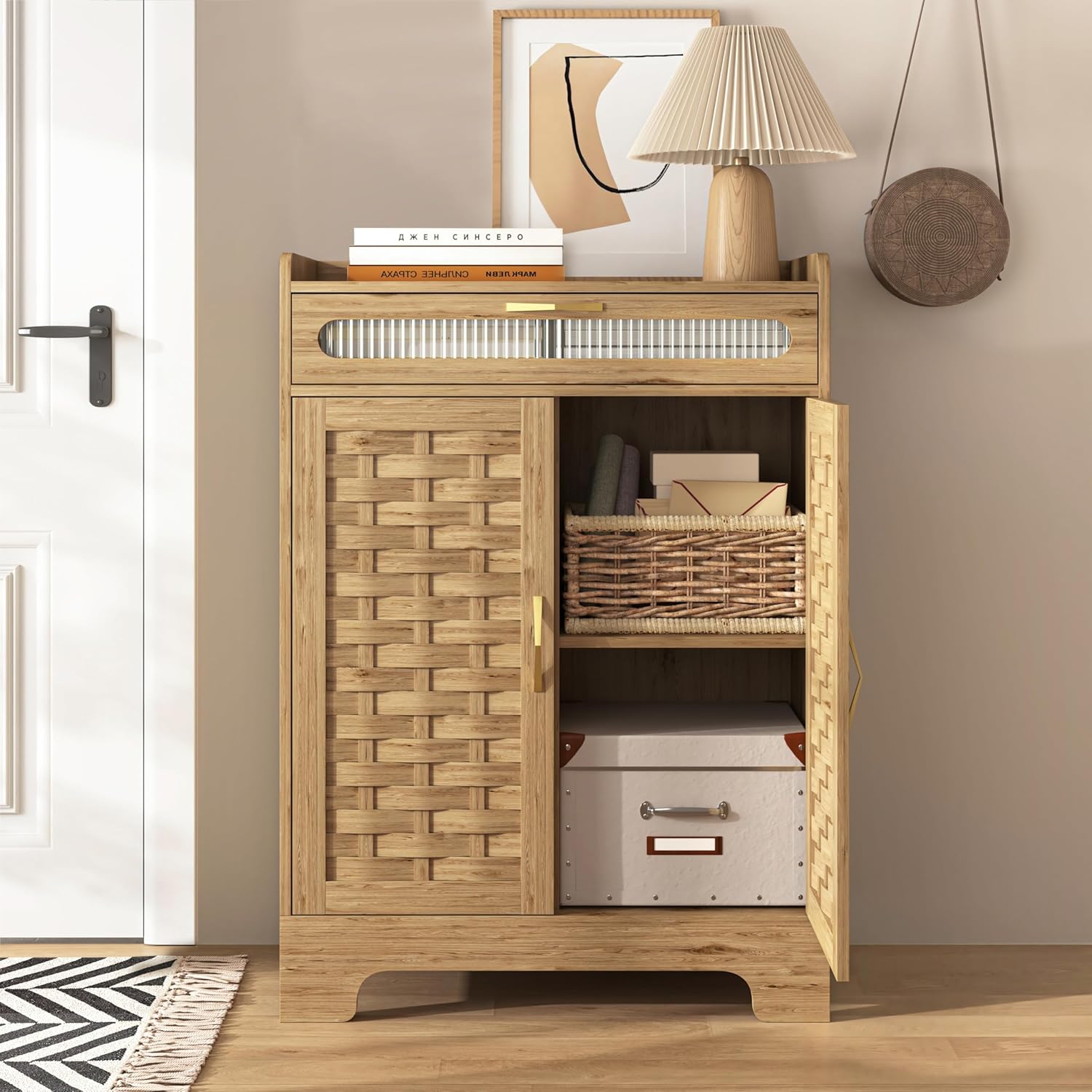 Coffee Bar, Modern Farmhouse Buffet Sideboard with Drawer and Adjustable Shelf, Barn Door Storage Cabinet for Kitchen, Dining Room, Bathroom, Entryway, Wood, Full