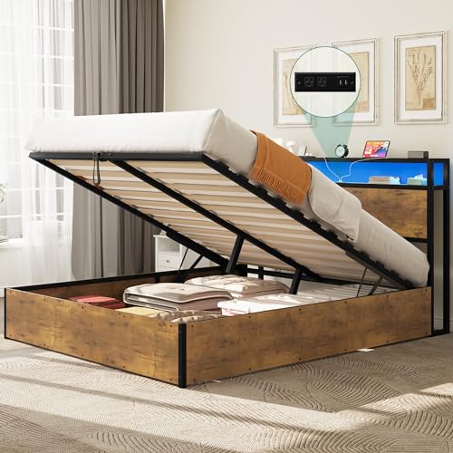 DWVO Lift-up Storage Bed Frame, King Size Bed Frame with Bookcase Headboard & LED Lights, Wooden Platform Bed Frame with Charging Station, No Spring Box Needed, Rustic Brown