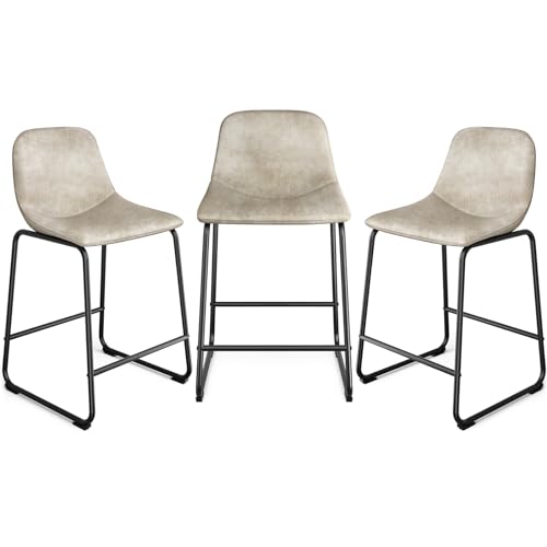 Rfiver Counter Height Bar Stools Set of 2, Counter Stool with Back, Modern Faux Leather Barstools with Metal Legs and Footrest, Dining Chairs for Home Kitchen Island, Support 500 lbs, Grey