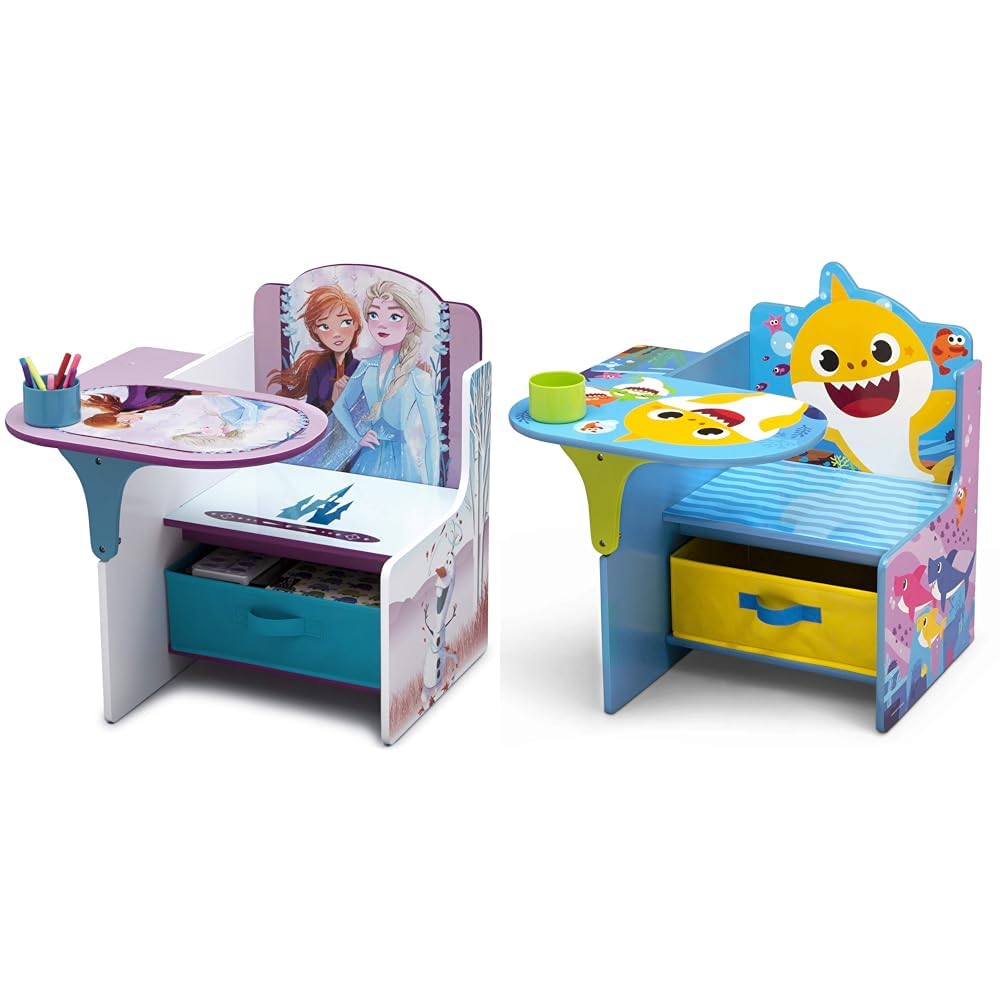 Delta Children Chair Desk with Storage Bin, Disney Frozen II Cup Holders|Arm Rest, Engineered Wood & Baby Shark Chair Desk with Storage Bin - Ideal for Arts & Crafts, Snack Time, Homeschooling