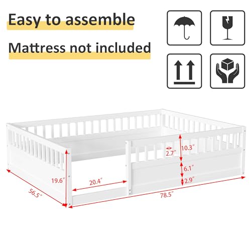 Twin Size Floor Bed with High Fence Rails, Solid Wood Montessori Floor Bed for Baby,Kids Twin Bed Frame for Girls, Boys, Floor Bed without Slats as Kids Playground,Natural