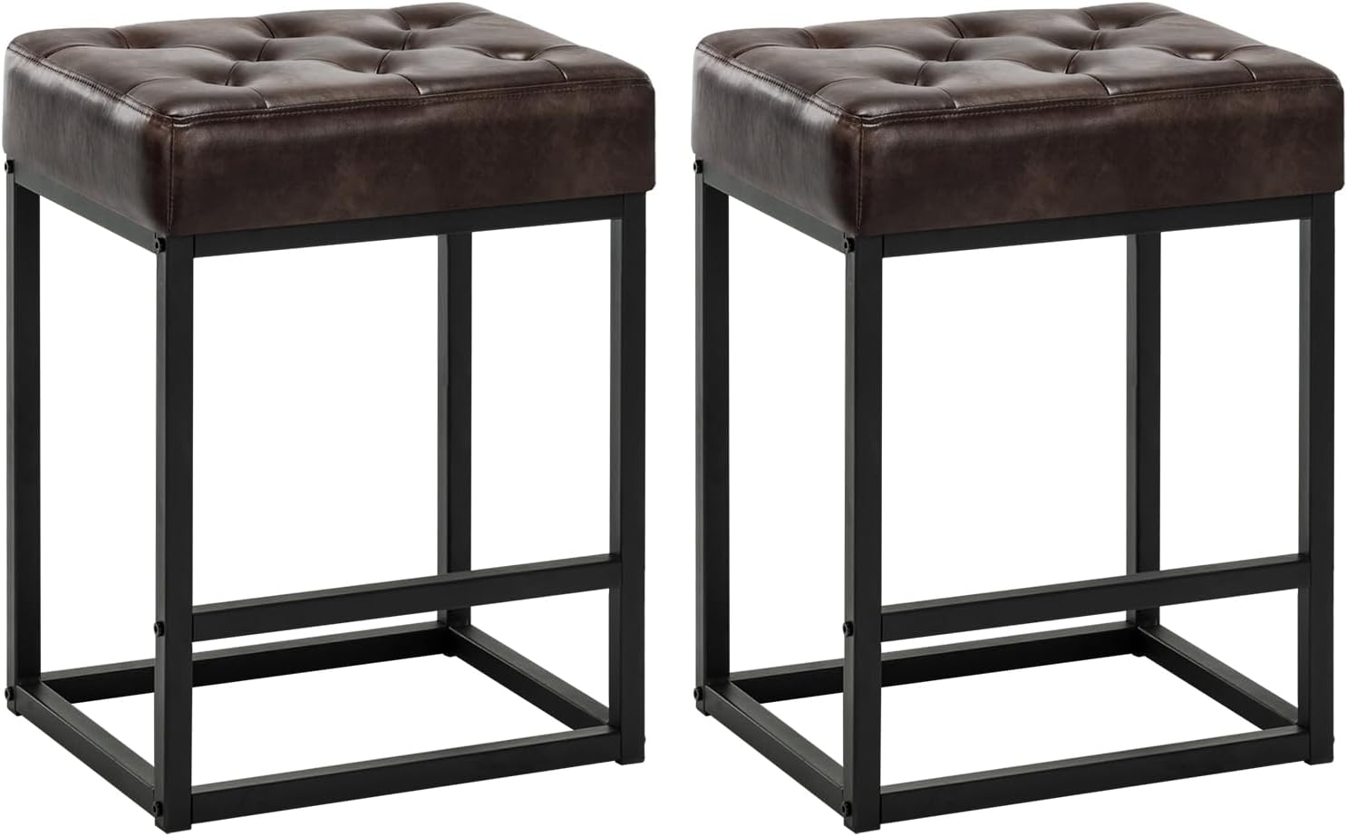 Furniliving 24”Barstools Set of 2, Button-Tufted Counter Height Bar Stools, Upholstered PU Leather Bar Stools with Cushioned Seat for Dining Room, Kitchen Island(BlackBrown)