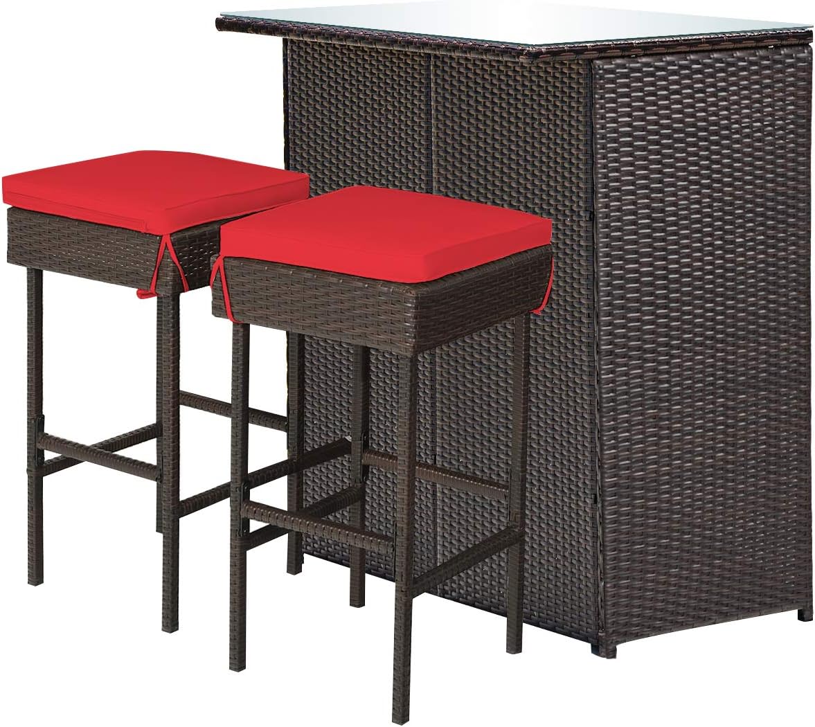 COSTWAY 3PCS Patio Rattan Wicker Bar Table Stools Dining Set Cushioned Chairs Garden Red