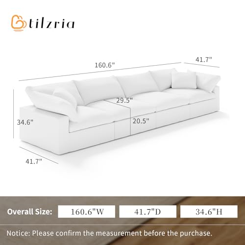 Modular Sectional Sofa Couch,White Linen Fabric Reversible U Shaped Sofa Couches Cloud Couch with 2 Ottoman, Down Filled Sectional Sofa Corner Couches for Living Room,Apartment