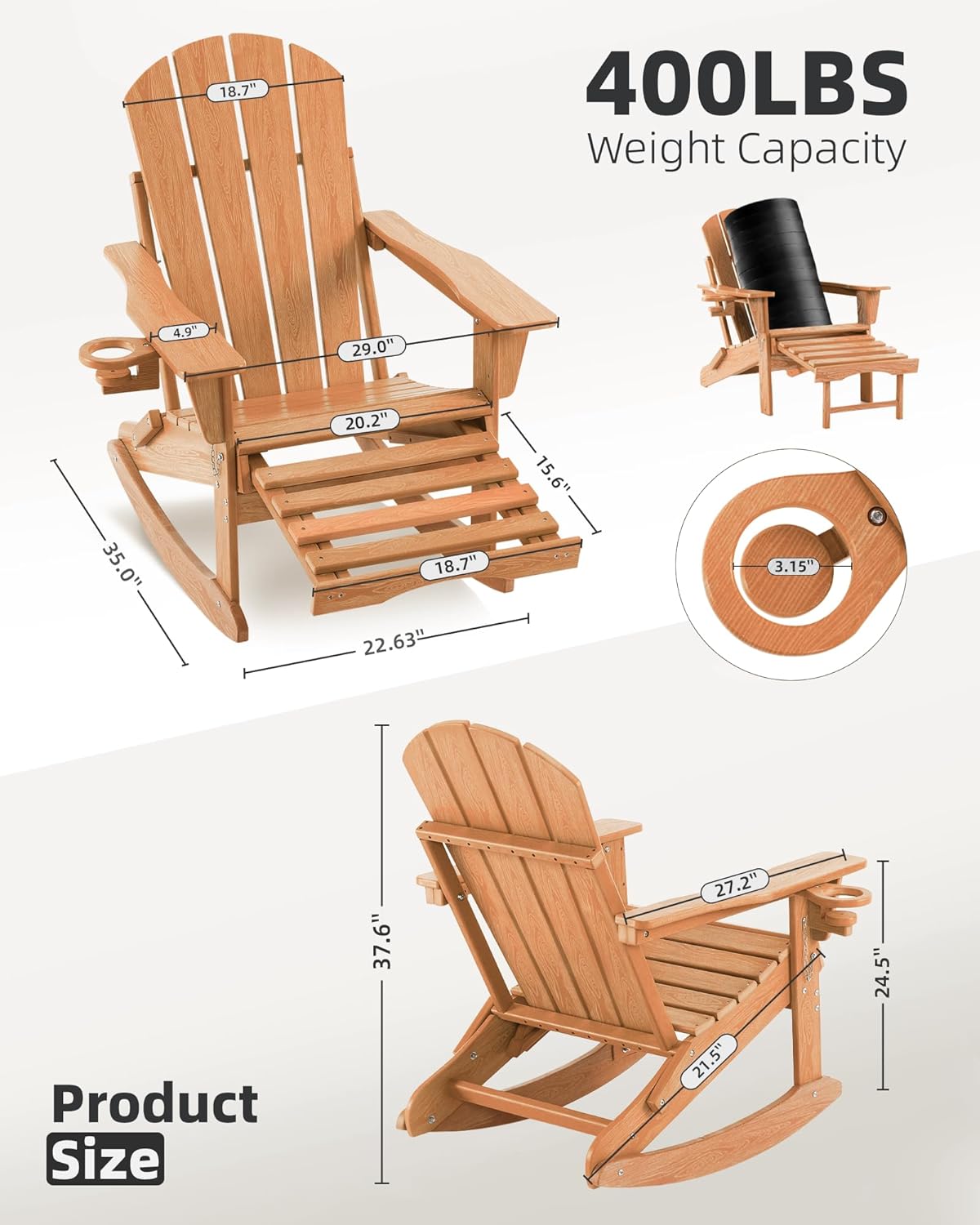 Folding Adirondack Rocking Chair, Patio Chair with Retractable Ottoman and Adirondack Chair Set Teak