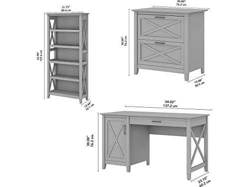 Bush Furniture Key West 54W Computer Desk with 2 Drawer Lateral File Cabinet and 5 Shelf Bookcase in Pure White and Shiplap Gray