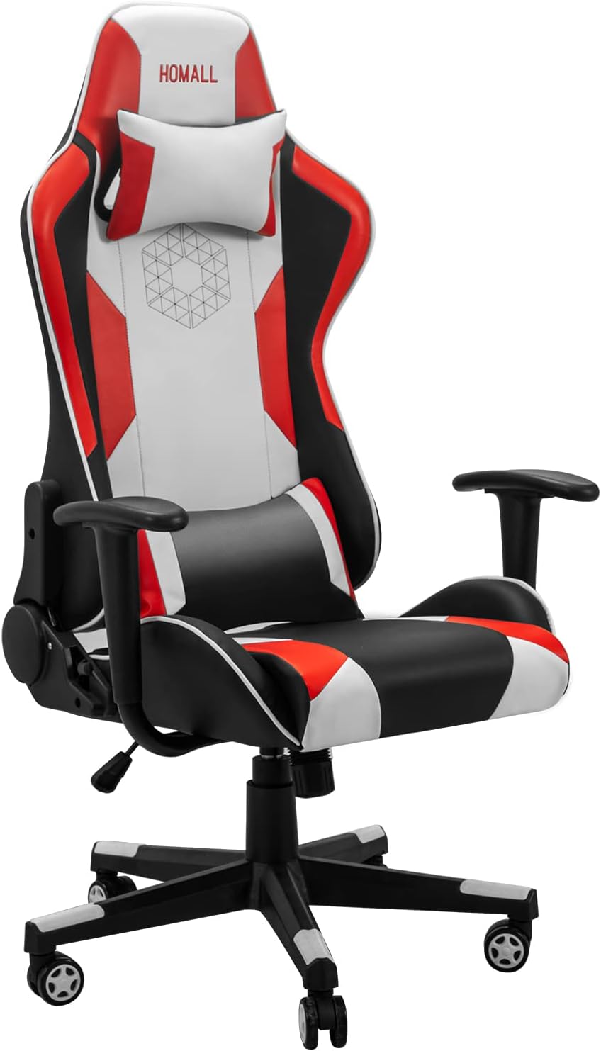 Homall Gaming Chair Racing Style Office Chair Ergonomic High-Back PU Leather Computer Gaming Chair with Headrest and Lumbar Support (Red/White)