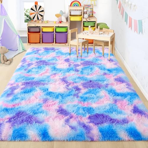 Foxmas Soft Fluffy Area Rugs for Bedroom Kids Room Plush Shaggy Nursery Rug Furry Throw Carpets for Boys Girls, College Dorm Fuzzy Rugs Living Room Home Decorate Rug, 3ft x 5ft, Rainbow