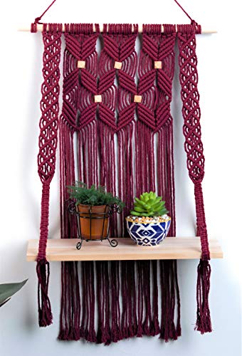 Macrame Wall Hanging Shelf-ideal décor-plants storage bookshelf-Bohemian Decorative Shelves-Boho Floating Indoor Shelving–For bedroom kitchen bathroom room with window Plant hanger-shelfs. Natural