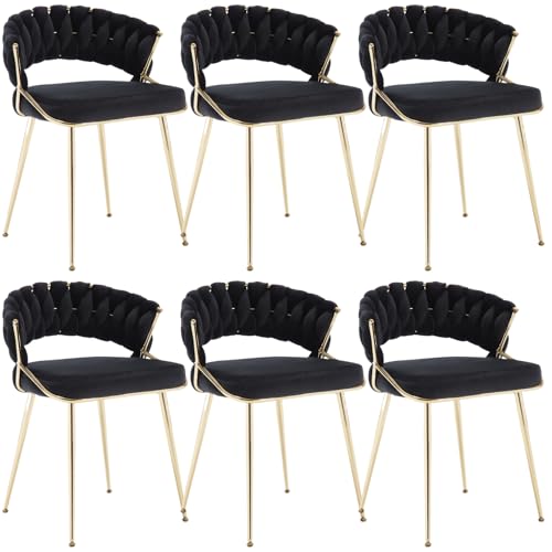 Modern Dining Chairs Set of 2, Upholstered Velvet Dining Room Chairs with Hollowed Barrel Backrest Metal Frame for Dining Room Living Room, Black