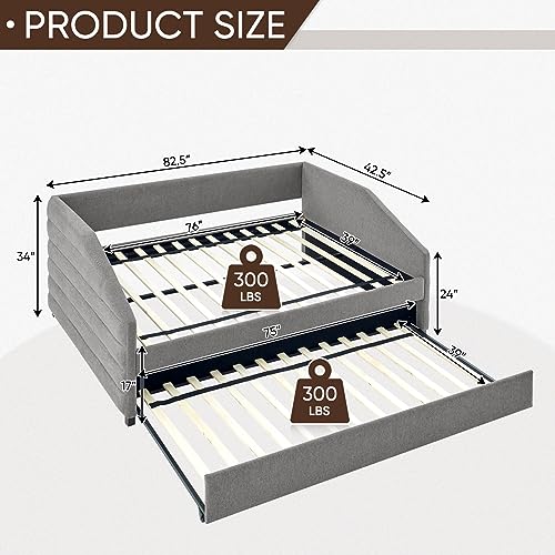 Twin Daybed with Trundle, Diamond-Tufted Upholstered Twin Size Daybed Frame, Modern Sofa Day Bed Frame with Curved Armrests, Linen Fabric Bedroom Furniture Bedframe, No Box Spring Needed (Twin, Beige)