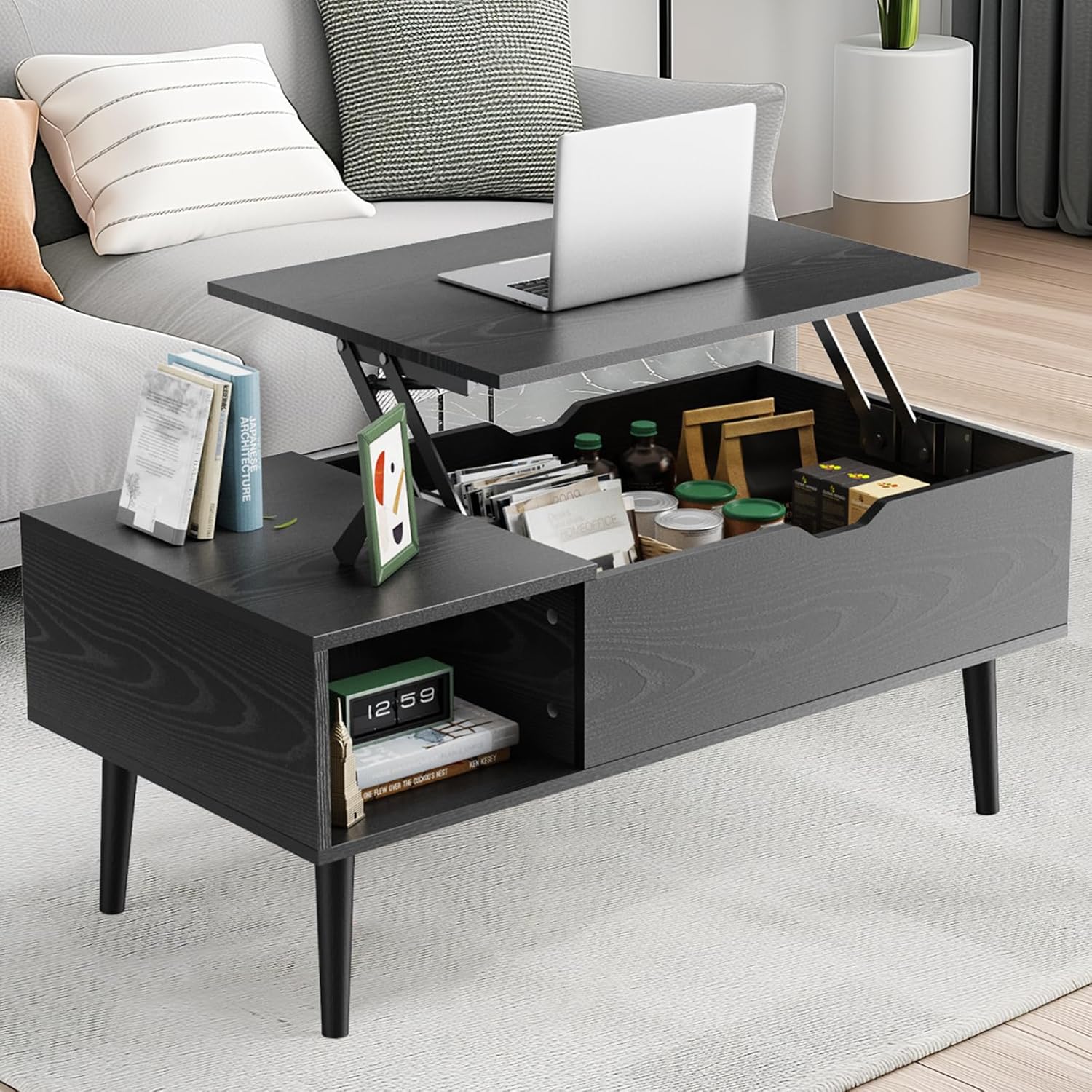 ANTONIA Wood Coffee Table Black Lift Top with Hidden Compartment Storage Shelf Lifting Rising Tabletop Dining Center Tables Wooden Furniture for Living Room, Home Small Space