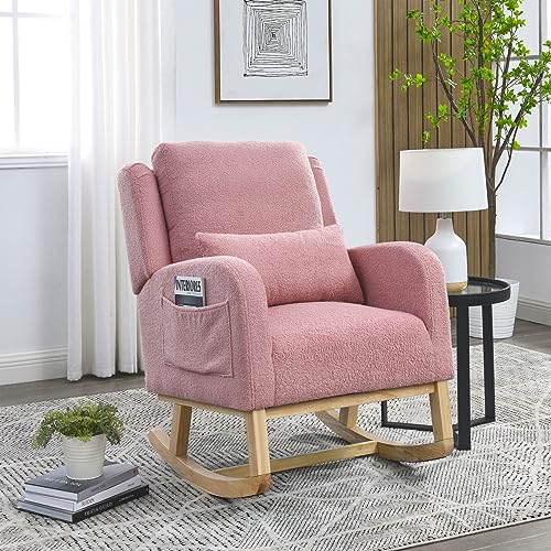 TRIPLE TREE Upholstered Rocking Chair,Modern Accent Chair with 2 Side Pockets and 1 Lumbar Pillow,High Back Armchair for Living Room,Bedroom,Office,White Teddy