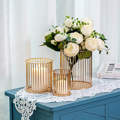 Sziqiqi Pillar Candle Holder Set of 3 Decorative Cage Candleholder Set for Candle Centerpiece Flower Arrangement Kitchen Bathroom Wedding Room Entryway Foyer Decor Gold