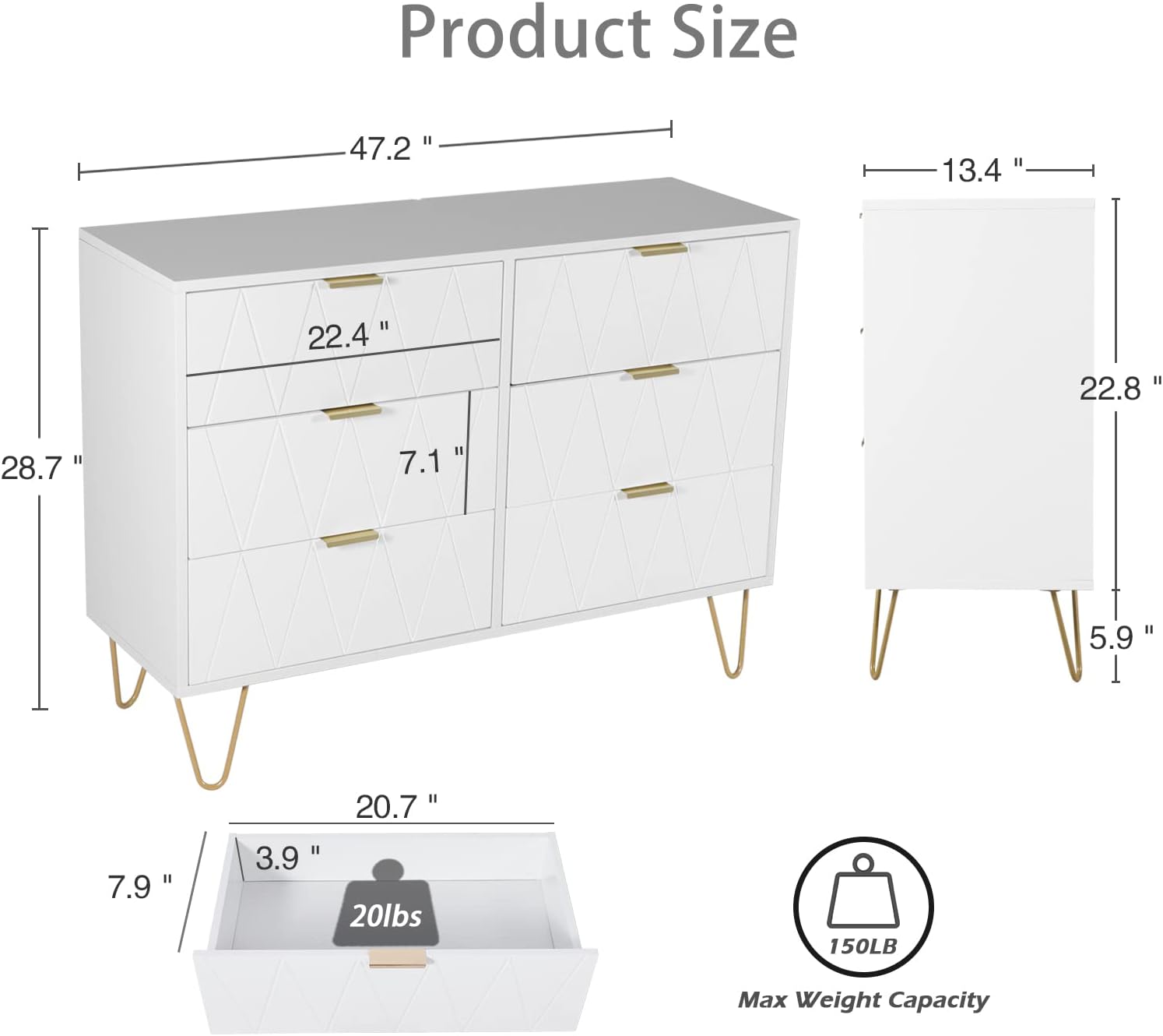Anbuy White Dresser for Bedroom with 6 Wide Drawers, Modern Tall Chest of Drawer Wood Storage Cabinet Organizer with Metal Gold Legs for Bedroom, Living Room