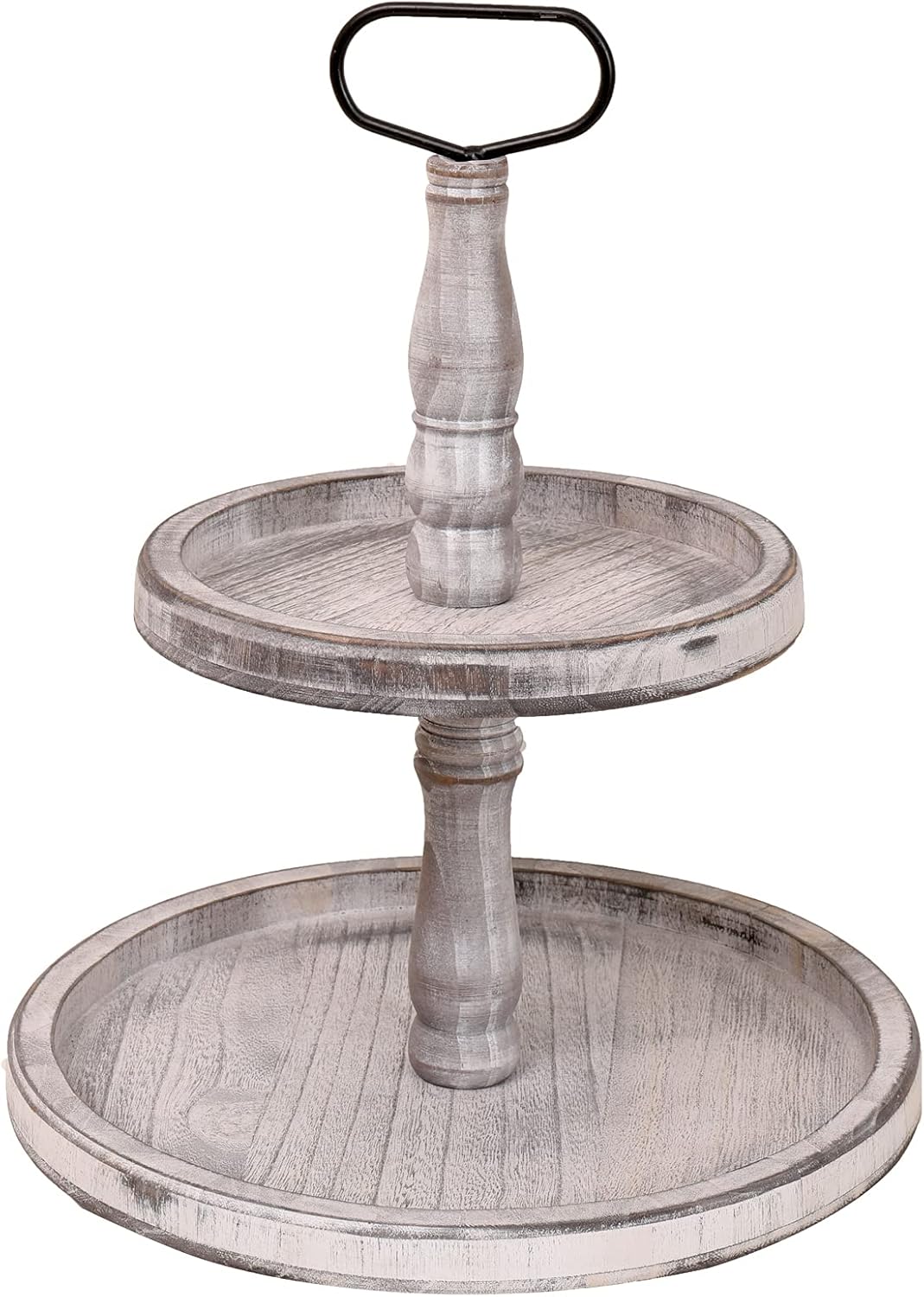 Vintage Wood Two Tiered Tray with Round Metal Handle，Easy to Assemble 2 Tier Home Decor for Tiered Food Presentation Serving Tray，Cupcake Tray (White)
