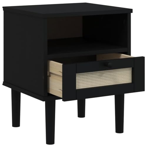 vidaXL SENJA Rattan Look Bedside Cabinet - Black Solid Pine Wood with UV Varnish Finish - Modern Styled Bedroom Furniture