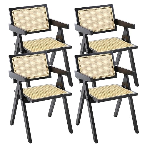 Rattan Dining Chairs Set of 4, Farmhouse Natural Dining Room Chairs with Woven Backrest, Comfortable Seat, Sturdy Wood Frame for Kitchen/Restaurant, Black