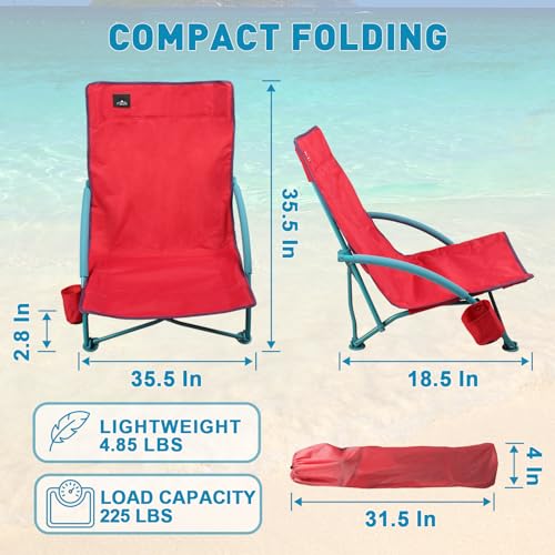 2 Pack Low Folding Beach Chair,Portable Lightweight Lowback Sling Chair, Outdoor Low Seat Camping Chair w/Cup Holder & Carry Bag for Sand Camping Lawn Picnic Festival,Pink