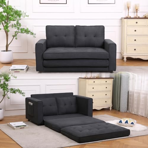 3 in 1 Upholstered Futon Sofa Convertible Floor Sofa bed, Foldable Tufted Loveseat with Pull Out Sleeper Couch Bed, Folding Mattres Love Seat Daybed W/Side Pockets for Living Room (Dark Grey)