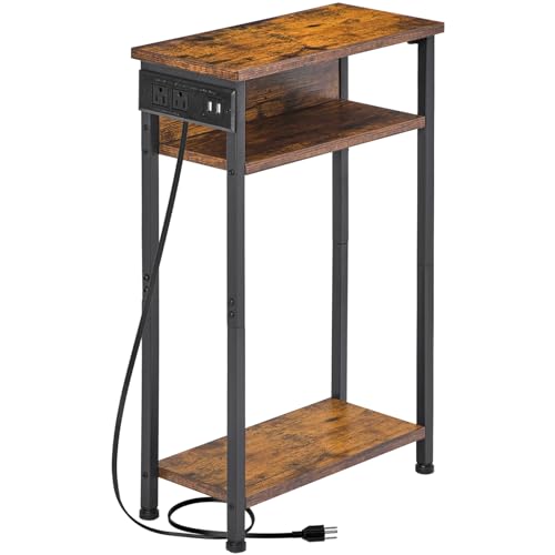 AMHANCIBLE Narrow Side Table with Charging Station, Small End Tables for Small Spaces, 3-Tier Skinny Side Table, Narrow End Table with USB Ports, Narrow Nightstand, Grey HETN03GY-1