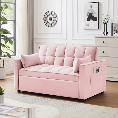 Sofa Bed Loveseat 3 in 1, Pull Out Couch Bed with Storage Bag for Living Room, Lounge Sofa Couch for Small Space, Convertible Sofa Sleeper with 3 Adjustable Backrest, 2 Throw Pillow, Gray