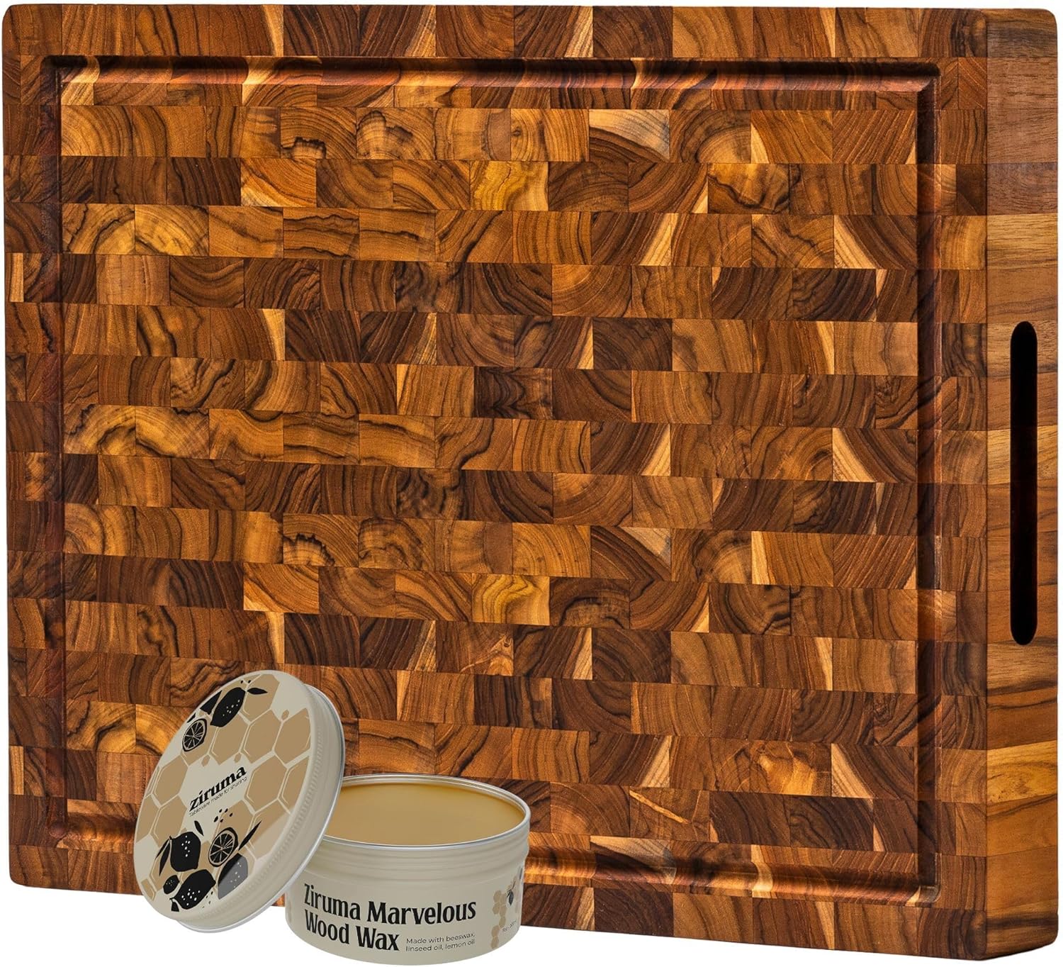 Set of Cutting Board and Beeswax - Includes an End Grain Butcher Block Made of Teak Wood [20