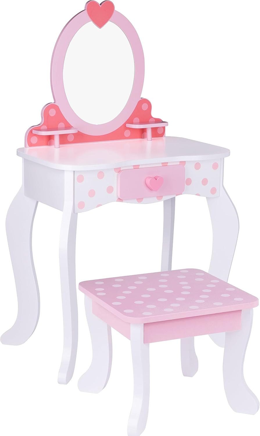 TOOKYLAND Wooden Kids Vanity Set - Makeup Dressing Table with Mirror and Chair, Pretend Play Toy for Toddlers 3 Year Old +