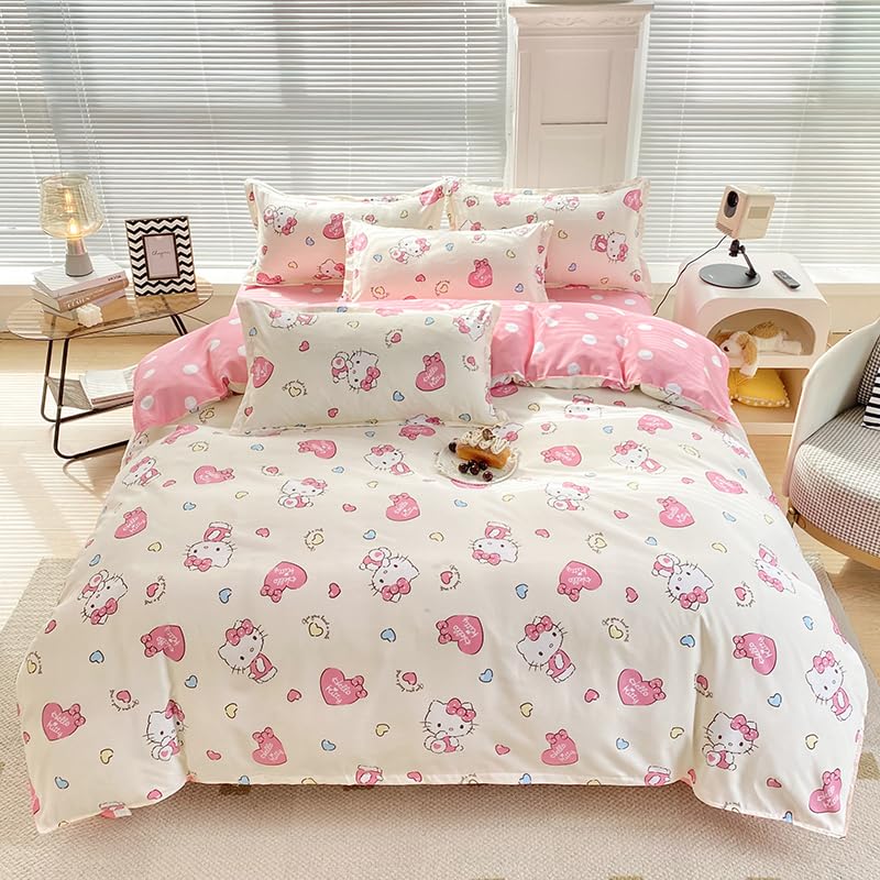 Cartoon Pink Girls Duvet Cover Set Cat Kids 4pc Bedding Sets (1 Duvet Cover 1 Sheet 2 Pillowcases),No Comforter (Queen78x90inch), 20240433