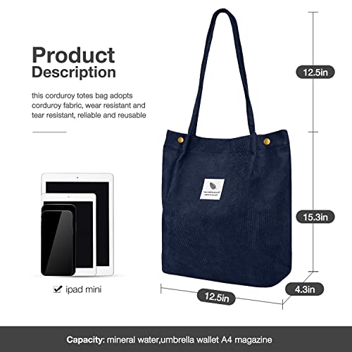 Corduroy Tote Bags for Women, Large Capacity Corduroy Bag Reusable Grocery Shoulder Bag with Inner Pockets