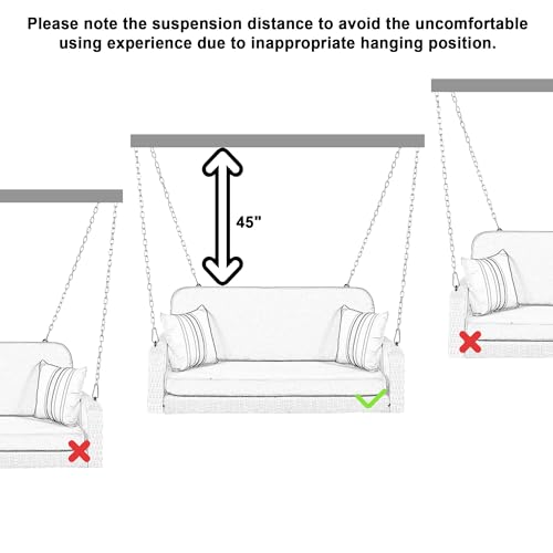 PE Wicker Porch Swing, 2-Seater Hanging Bench with Chains, Patio Furniture Swing All Weather Design,Bearing 500Lbs 2-Person Wicker Hanging Porch Swing for Backyard,Garden,Poolside (Beige+Black)