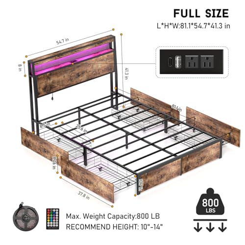 King Size Bed Frame with 4 Storage Drawers and Headboard with Charging Station and LED Lights,2 Tier Solid Wood Headboard Storage,Noise Free,Easy Assembly, Vintage Brown