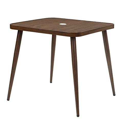 Furniture of America Orient Mid-Century Modern Square Aluminum 32 in. Patio Dining Table with Umbrella Hole for Garden, Backyard, Lawn and Poolside, Walnut Brown