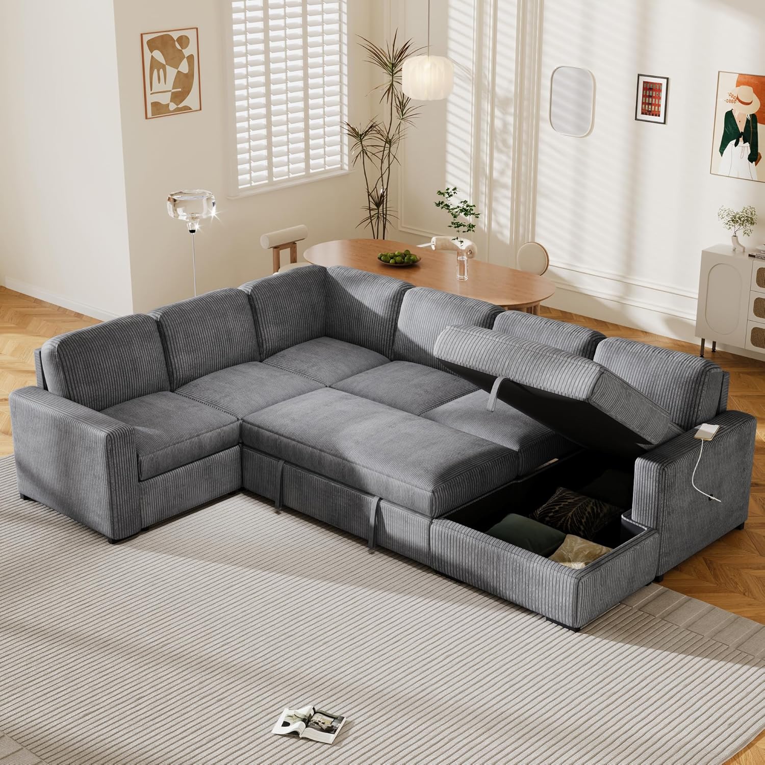U_Style U-Shaped Corduroy Combination Corner Sofa with Storage Lounge Chair, 6-Seater Oversized Sofa, with USB interfaces,Suitable for Living Room, Office, and Spacious Space